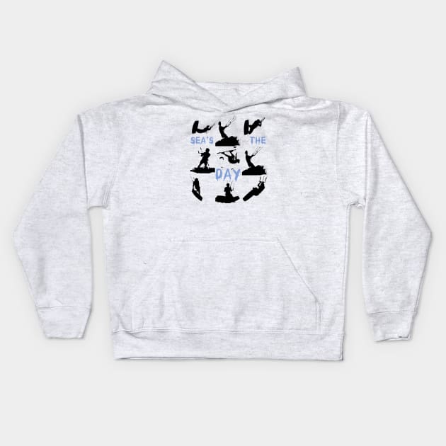 Kitesurfer Pattern Black Silhouette Seas The Day Quote Kids Hoodie by taiche